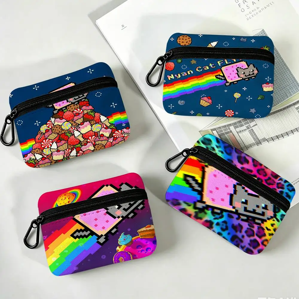 Cute Cartoon Nyan Cat Lightweight Oxford Fabric Coin Purse Carabiner Hook Design Mini Card Key Organizer Bag