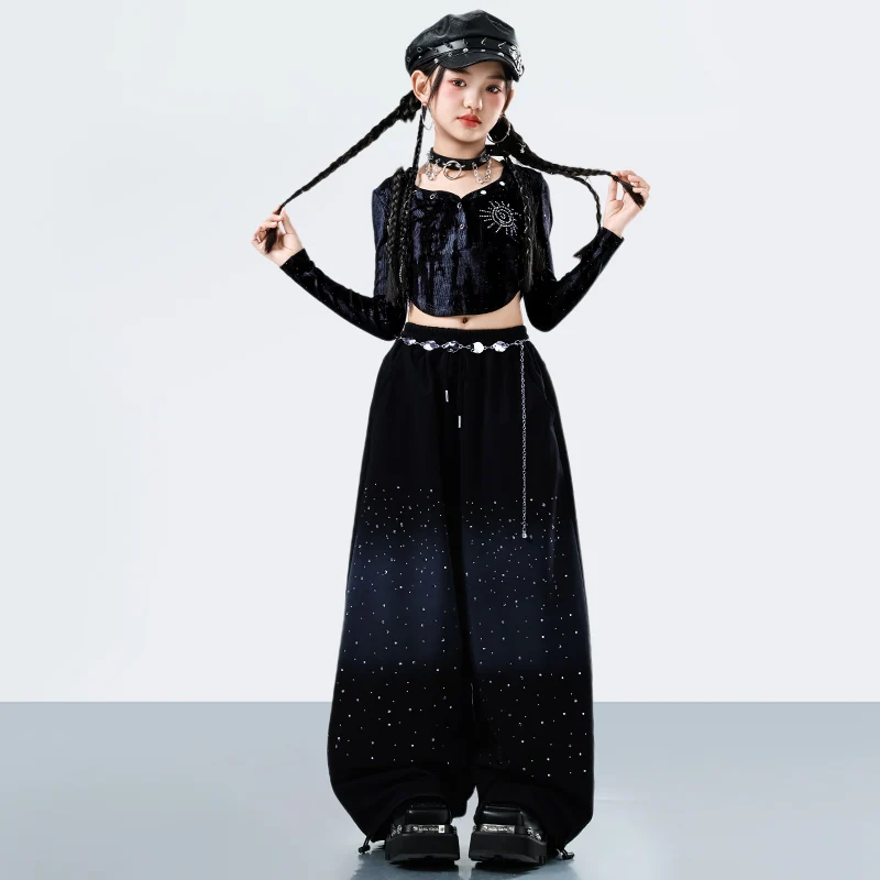 Moda dziecięca streetwear hiphop taniec rap ubrania dziewczęce hip hop koszulka z długim rękawem spodnie zestaw strój na występy sceniczne dla dzieci