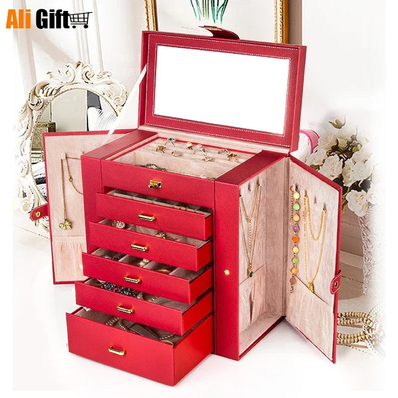 Jewelry Box Large Capacity Princess European Korea Makeup Organizer Multi-function Earrings Plate Wooden Jewelry Storage Box