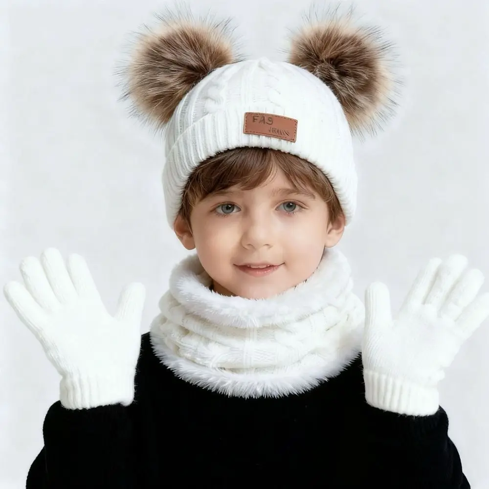 

Solid Color Baby Hat Scarf Gloves Set Warm Thicken Knitted Beanie Pompom Knitted Hats Windproof Pompom Toddler Bonnet Children