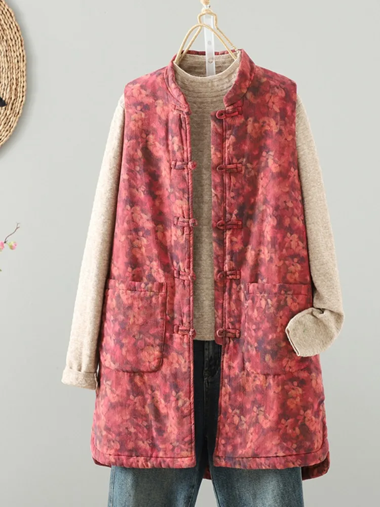 

Хлопковый льняной жилет в стиле ретро с цветочным принтом, женский осенне-зимний топ на пуговицах средней длины, верхняя одежда