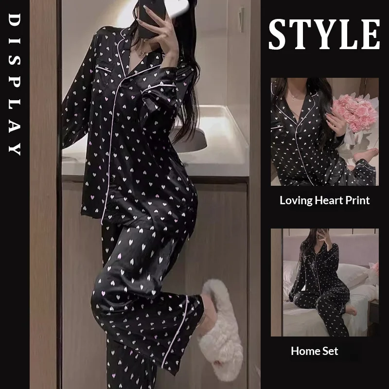 Women's Summer French-Style Heart Print Ice Silk Pajamas Luxury-Feel Long-Sleeve Top & Pants High-End Loose-Fit Loungewear