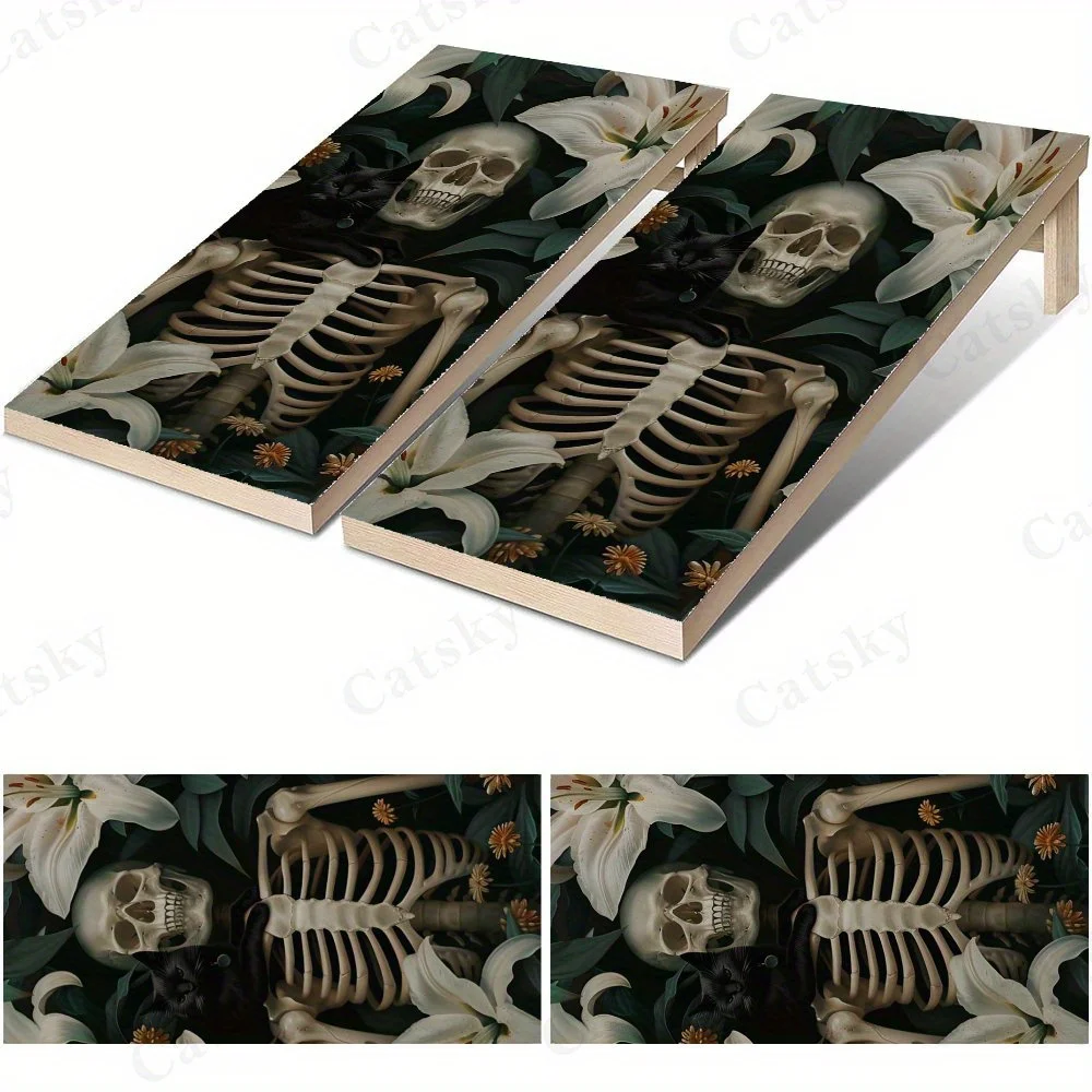 

Skull with Black Cat,Gothic Floral Art,Mystical Nature Scene,High Value! 2D Flat Vinyl Sandboard Stickers - Bubble-Free, Easy Ap