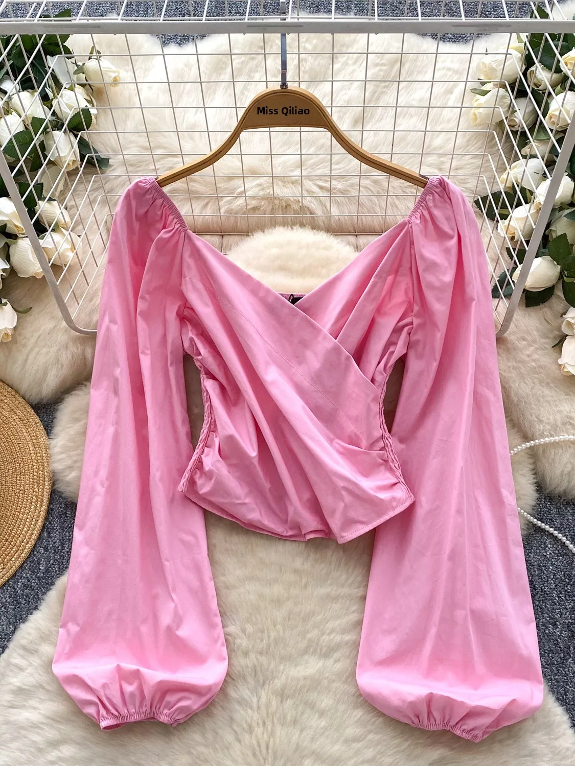 

Ele One-oulder Bubble-Sve Top Women's Cross-Ne Lightweight Autumn Faionable Breathable Polyester Fiber Long S...