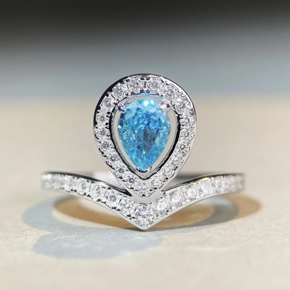 MINWEEN 2.5CT Lab Paraiba Teardrop Crown Ring With  925 Sterling Silver For Engagement Jewelry Women Blue Diamond Ring
