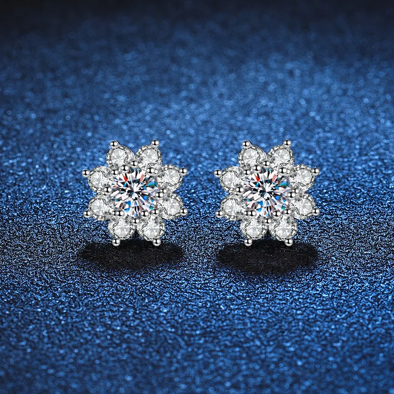 JECIRCON S925 Sterling Silver Stud Earrings for Women Sunflower 0.3/0.5 Carat D Color Moissanite Seiko Full Diamond Fine Jewelry