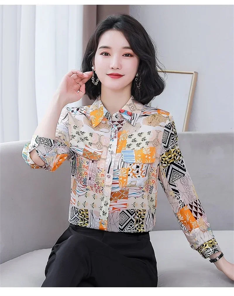 Рубашка Женская Casual Women Summer Shirt Long Sleeve Lapel Blouse Fashion Print Office Lady Chiffon Plus Size Camisas Y Blusas