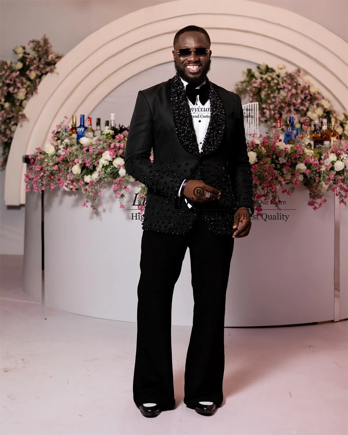 Luxury Beaded Crystals Men\'s Wedding Suits Black Dinner Groom Tuxedos 2 Pieces Sets Party Prom Blazers Slim Fit Costume Homme