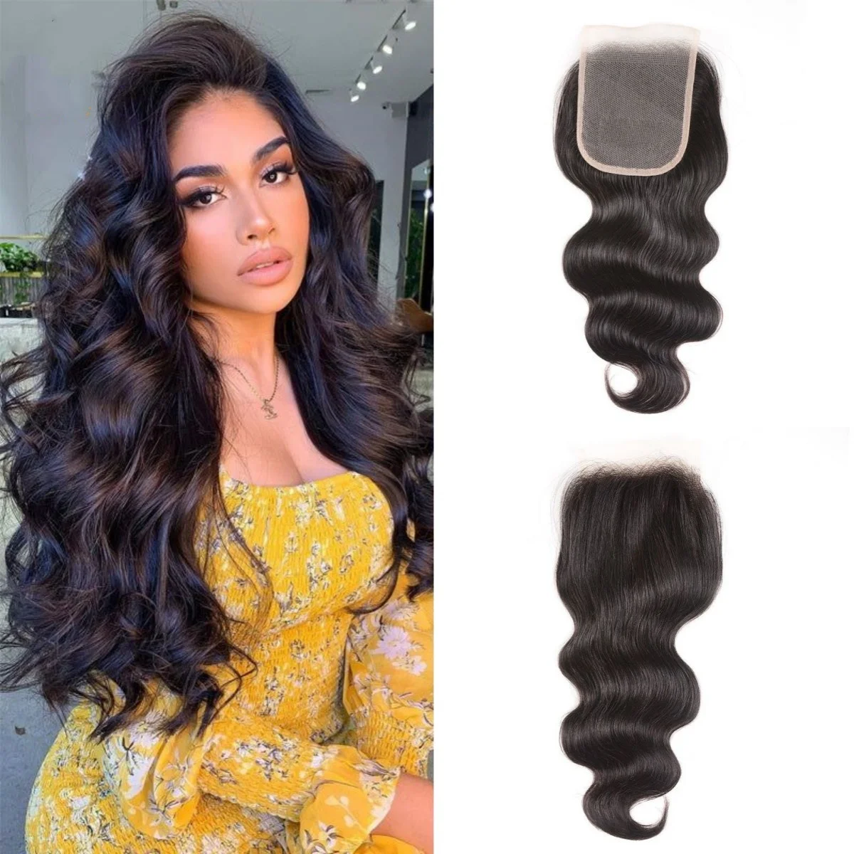 Extensão do cabelo remy brasileiro para mulheres, extensão frontal do cabelo humano do laço, preto natural, fechamento 4x4, onda do corpo