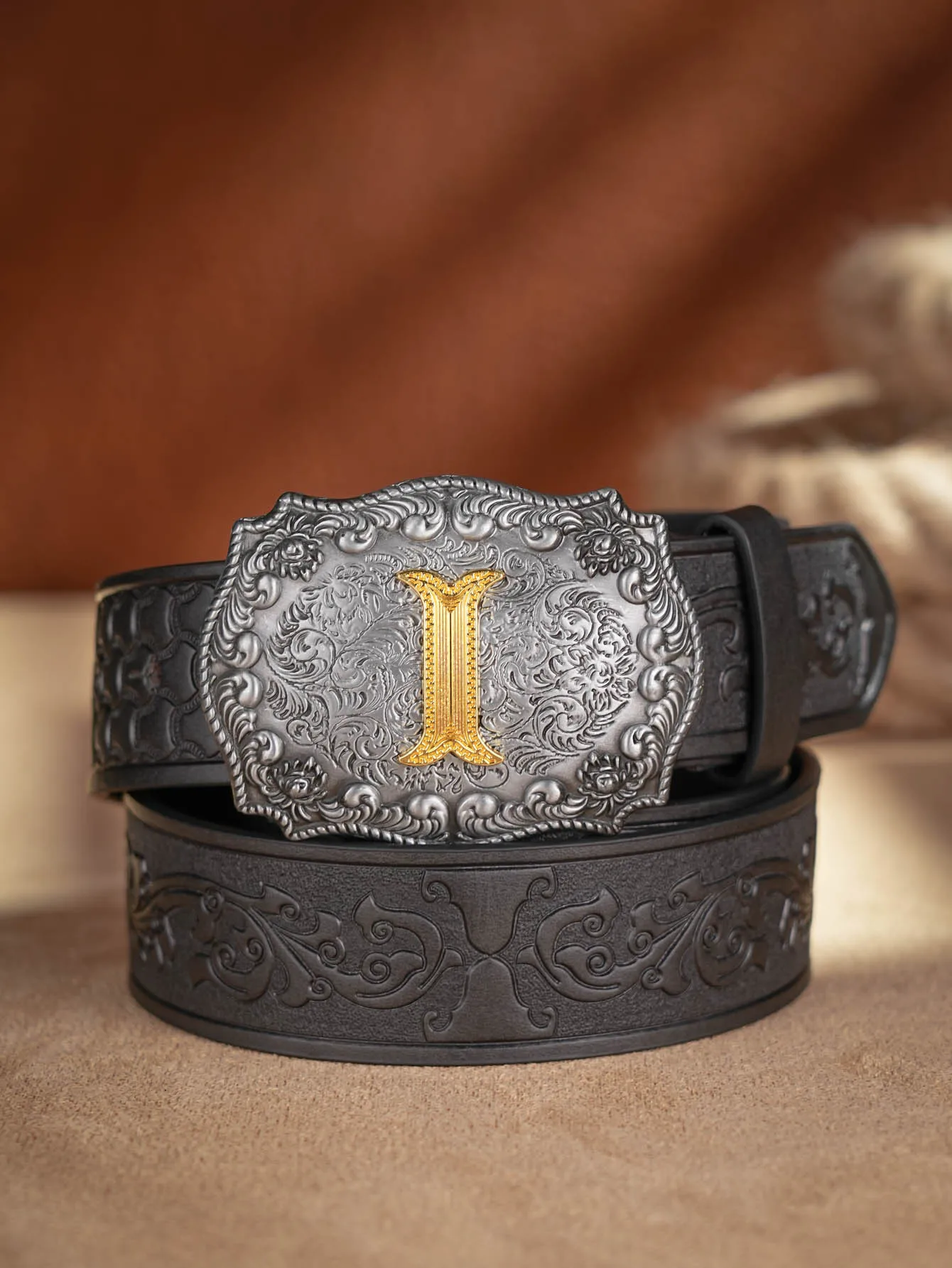 Western Cowboy PU-Ledergürtel – Herren-Hüftgurt, Stier-Dekoration, Blumenmuster, graviert für Jeans – Detail 17
