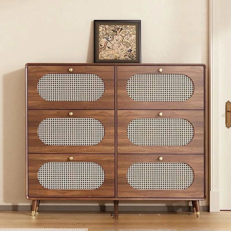 New Chinese-style solid wood bar rattan entrance cabinet Modern simple balcony storage cabinet