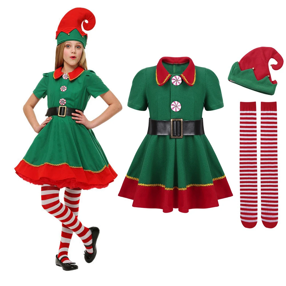 

3-15 Years Girls Christmas Costume Dress Christmas Elf Santa Helper New Year Eve Party Cosplay Clothes Christmas Gift