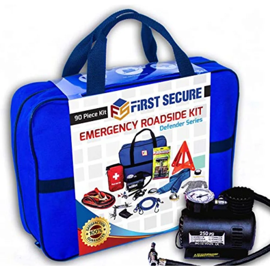 Comprehensive Car Emergency Kit with Air Compressor Jumper Cables First Aid Supplies Tow Strap Tire Gauge and Headlamp Essentia