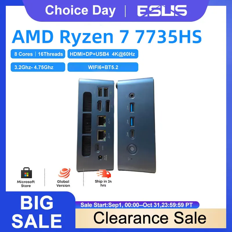 ESUS Mini PC AMD Ryzen 7735HS Mini Pocket PC  8GB 256GB 1000M WiFi6 PC Gamer Desktop Gaming PC Computer Win10/11