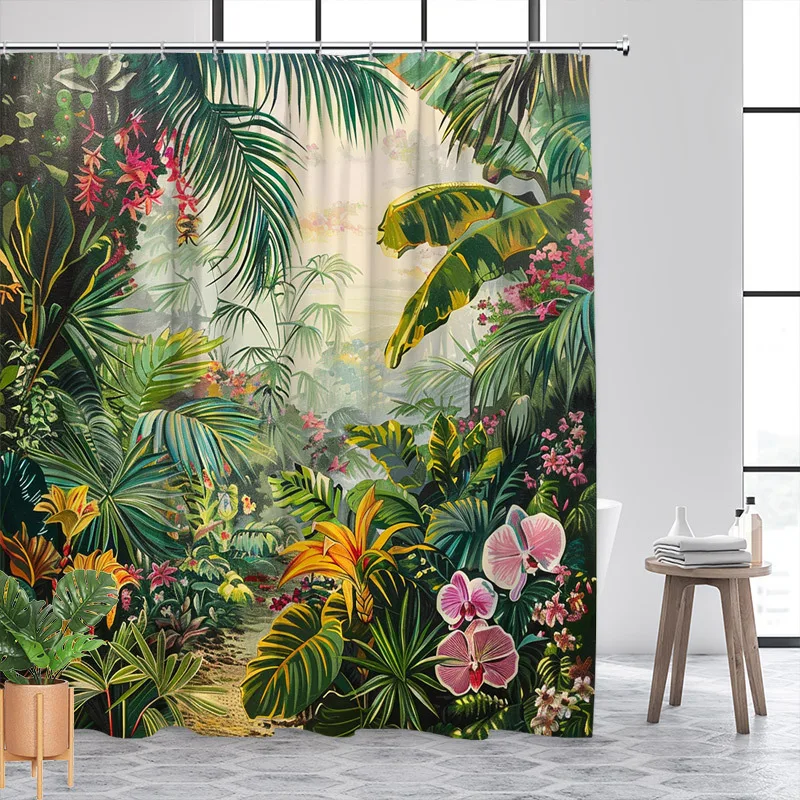 Luxurious Tropical Jungle Rainforest Shower Curtain Waterproof Botanical Orchid Leaf Bath Decor Printed Polyester Bathroom Curta