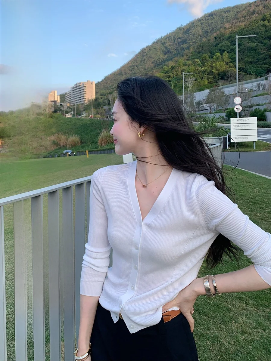 

Folelse Silk Knitted Long Sve Open Cardigan Slim Fit Color V-Ne ort Sle Women's Casual Faion Top