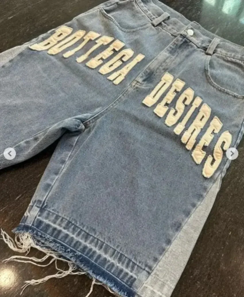 2000s Bottega Desires Pieces Skateboard Denim Shorts Letter Cartoon Patchwork Loose Jeans Wide Leg Pants Harajuku Rock Pants Men