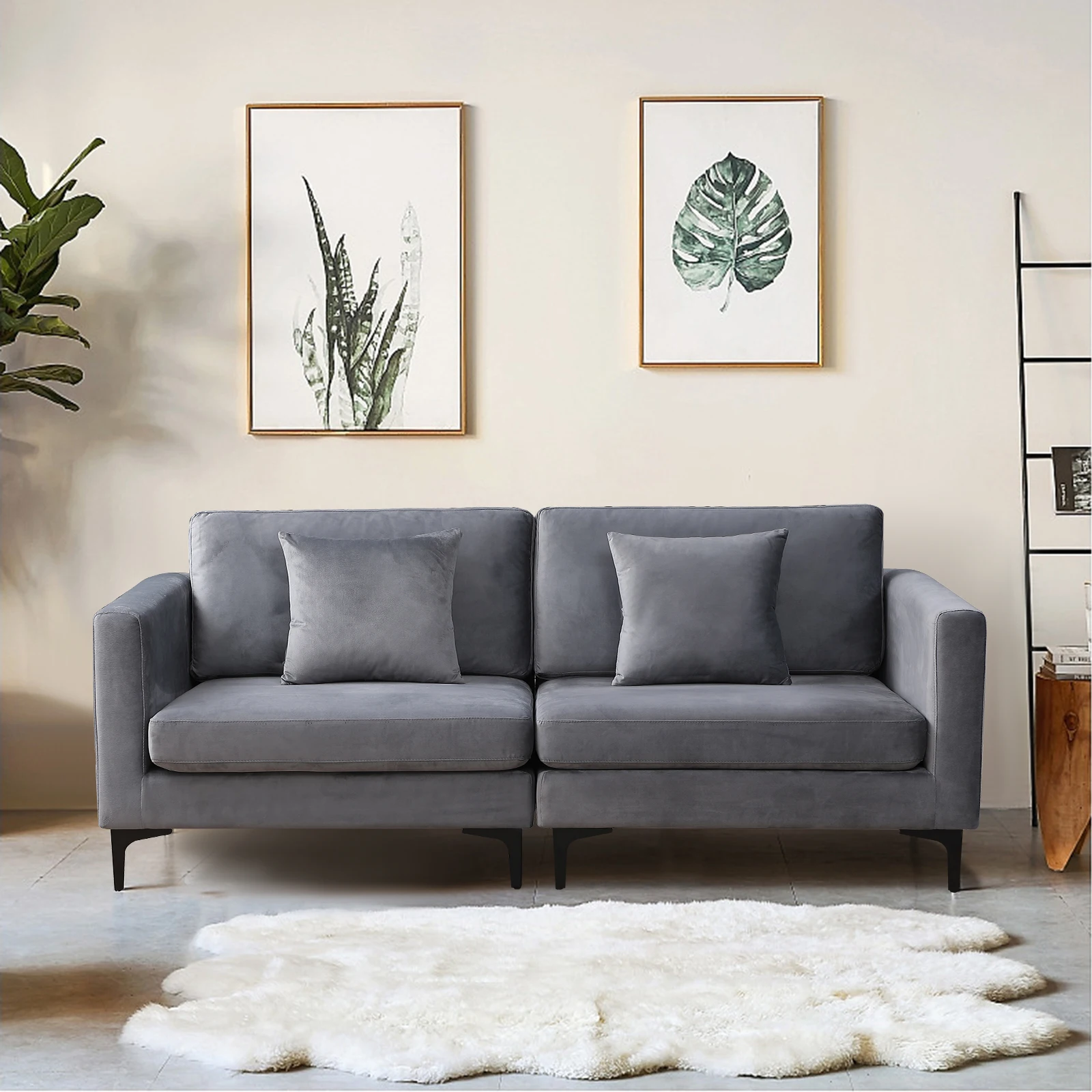 Velvet Living Room Loveseat Sofa Couch, Comfy 3-Seat Love Seats Furniture with Square Arms, Removable Cushions and Pillows-Grey