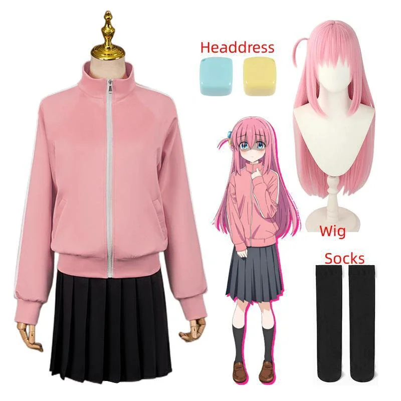 Gotou Hatori Cosplay Bocchi The Rock Gotou Hitori Cosplay Costume JK Uniform Pink Jacket Skirt Wig Suit Halloween Women Clothes