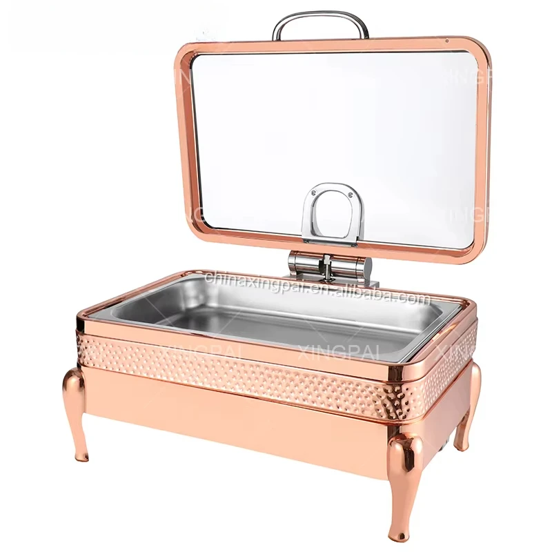 

Restaurant Supplies Stainless Steel 304 Chaffing Dishes Luxury Hydraulic Rose Gold Buffet Food Warmers