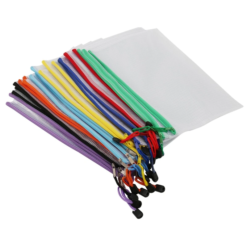 

24Pcs Mesh Zipper Pouch Document Bag, Plastic Zip File Folders, Letter Size/A4 Size, For Office Supplies