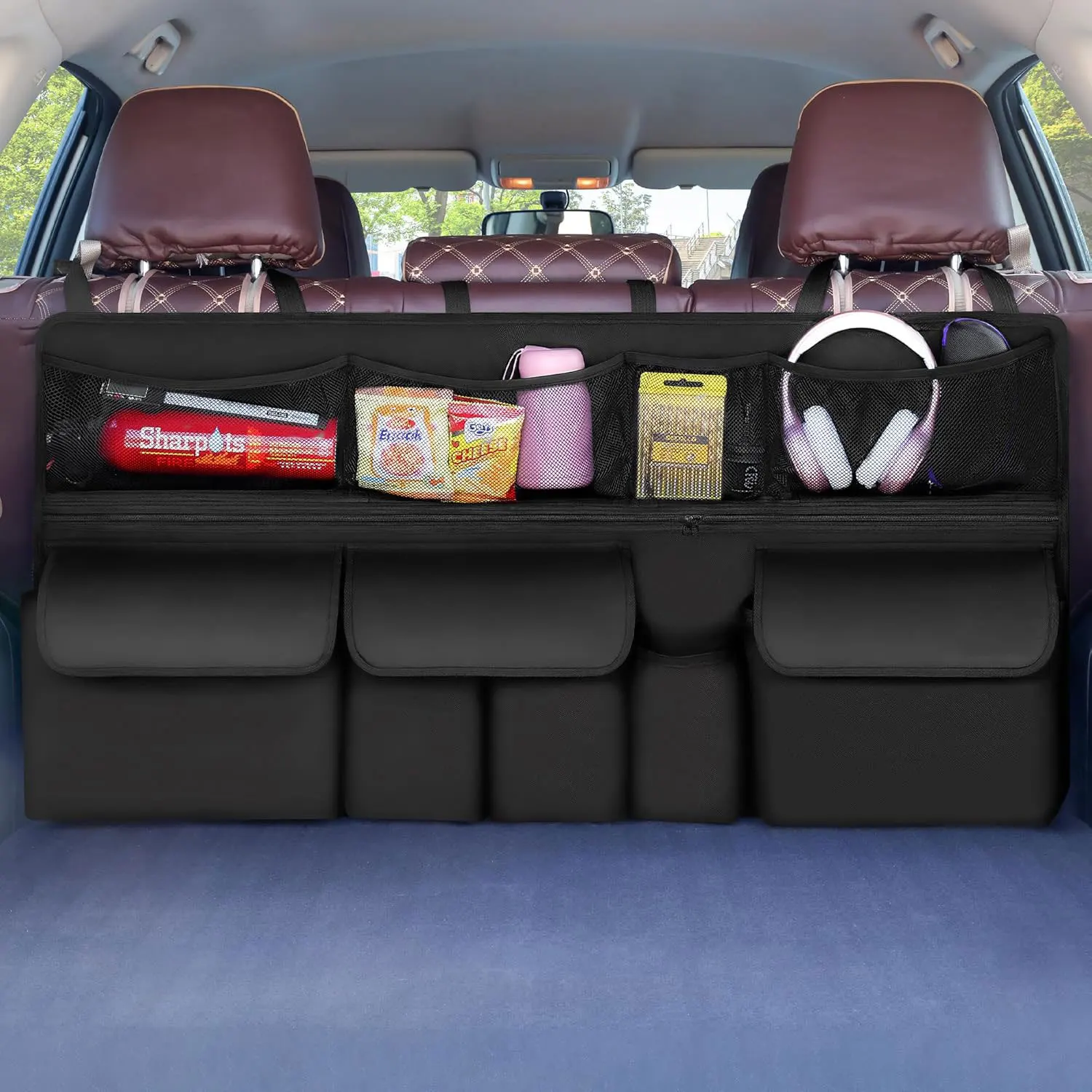 Schwarze Auto-Rücksitz-Organizer-Tasche mit hängendem, faltbarem Stauraum, wasserdichter Oxford-Kofferraum-Organizer für SUV, MPV, Minivan und LKW