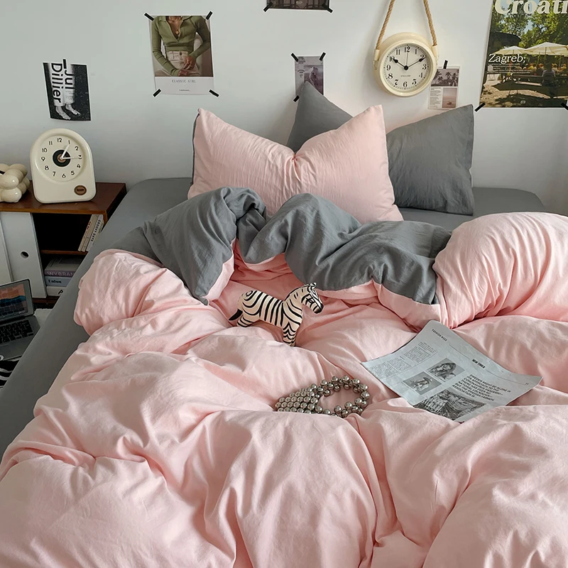 Simple Pink Grey Duvet Cover Fashion Solid Color Bedding Set 3pcs Polyester Comforter Cover Bedroom Quilt Cover 2 Pillowcases