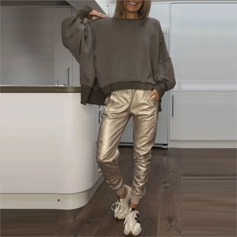 

Модный повседневный комплект из 2 предметов/компл. Осенний свитшот и брюк 2025 года, комплект с круглым вырезом и разрезом по подолу, брюки с ремешком на щиколотке, спортивный костюм для женщин