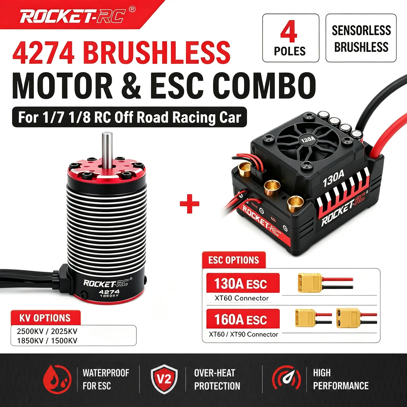 SURPASS HOBBY ROCKET-RC 4274 4-Poles Brushless Motor & 130A 160A ESC Combo for Traxxas Wltoys HSP 1/7 1/8 RC Off-Road Racing Car