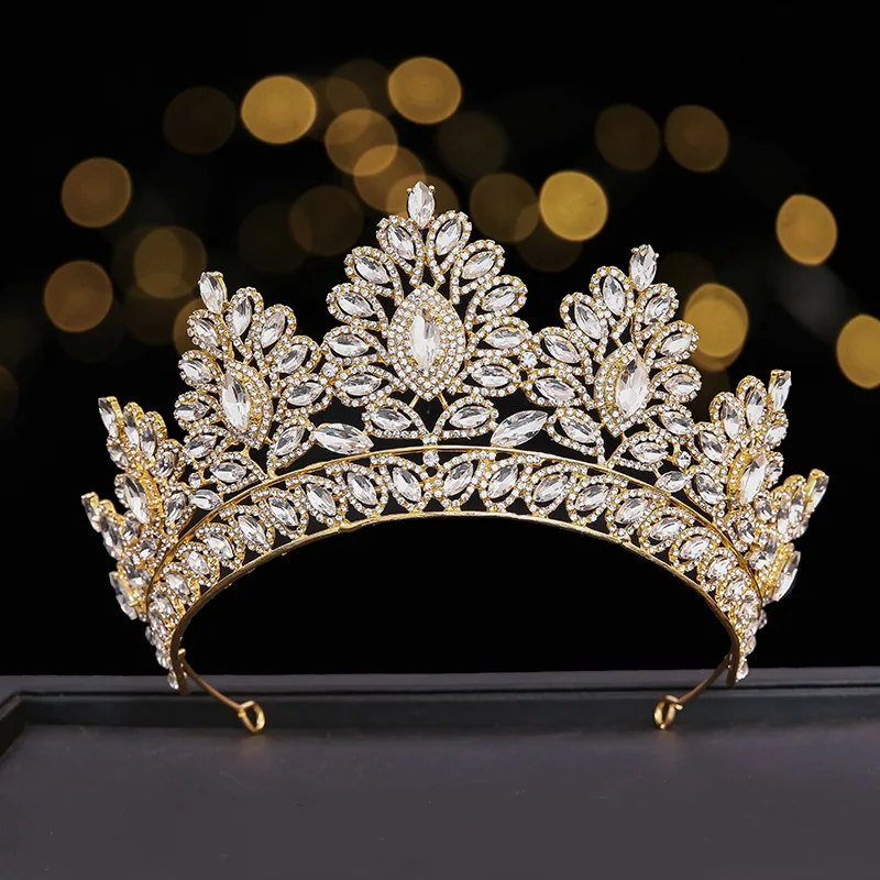 تاج زفاف ماسي كبير فاخر متعدد الألوان ، قبعة عيد ميلاد ذهبية ، تاج زفاف بحجر الراين ، تاج المسابقة #3
