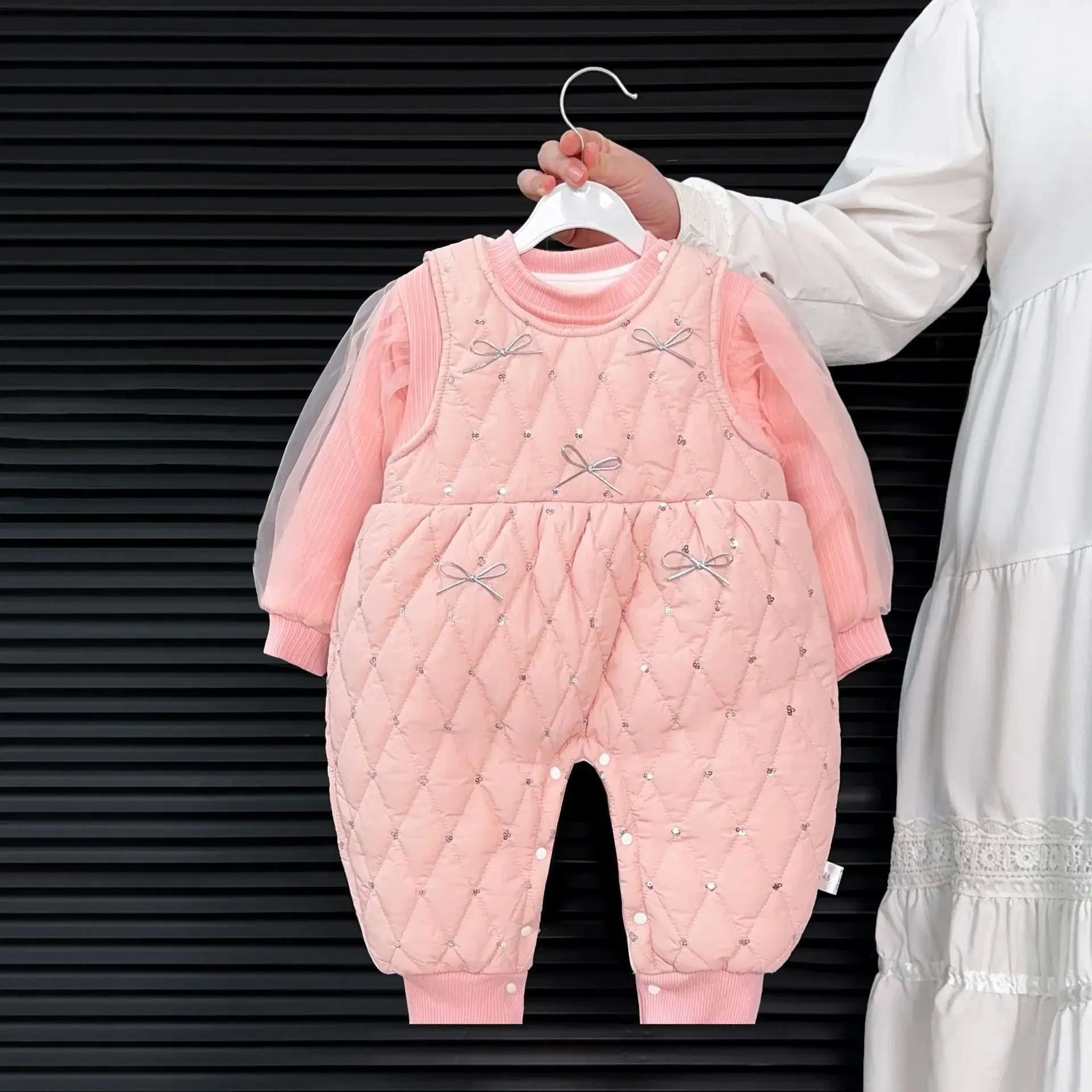 

Baby Girl Clothes Autumn Winter Thickened Cotton Romper Set Bowknot Sequin Sweet 100 Days Outfit Warm Overall