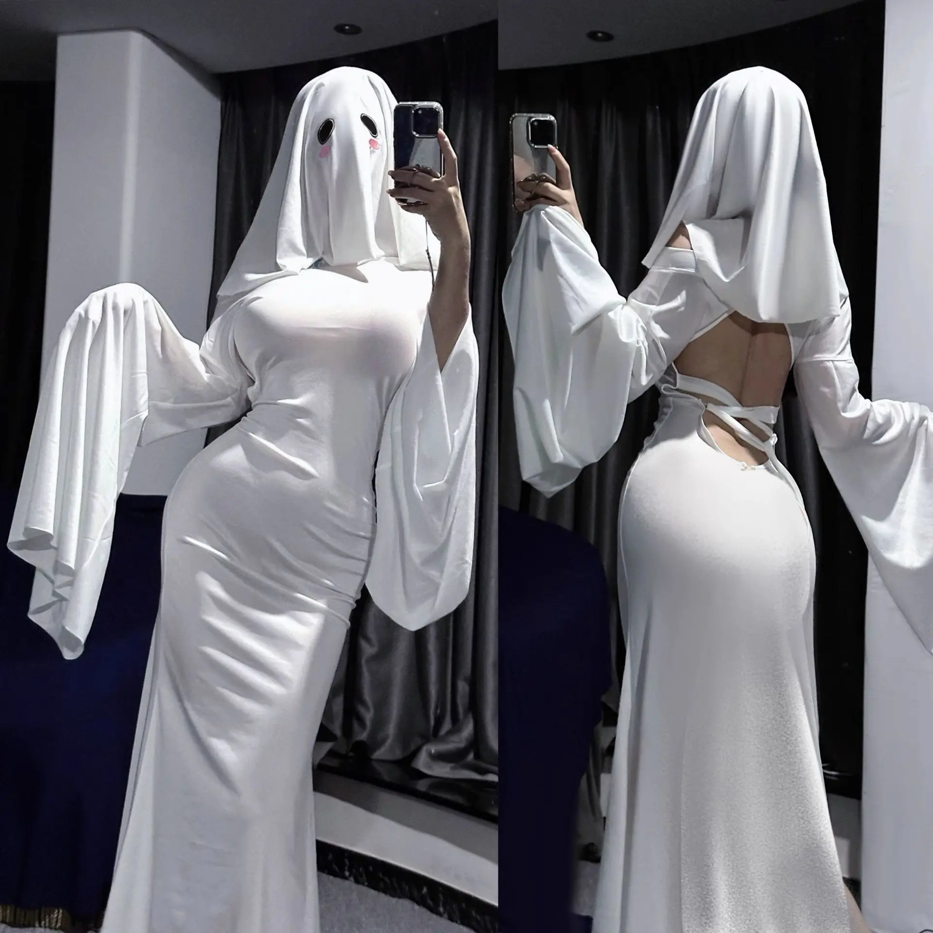 Halloween Ghost Girl Cosplay Costume Adult Women Sexy Cape Veil Suit Jumpsuit lim Fishtail Dress Scare Face Mask Outfits