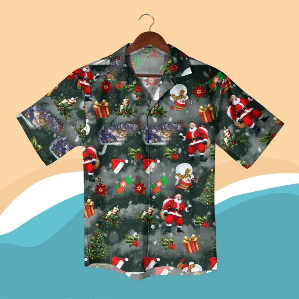 

Santa Claus Christmas Hawaiian Shirt Funny Xmas Shirt, Santa Snowman 3D Print Holiday Outfit, Matching Family Christmas Shirt