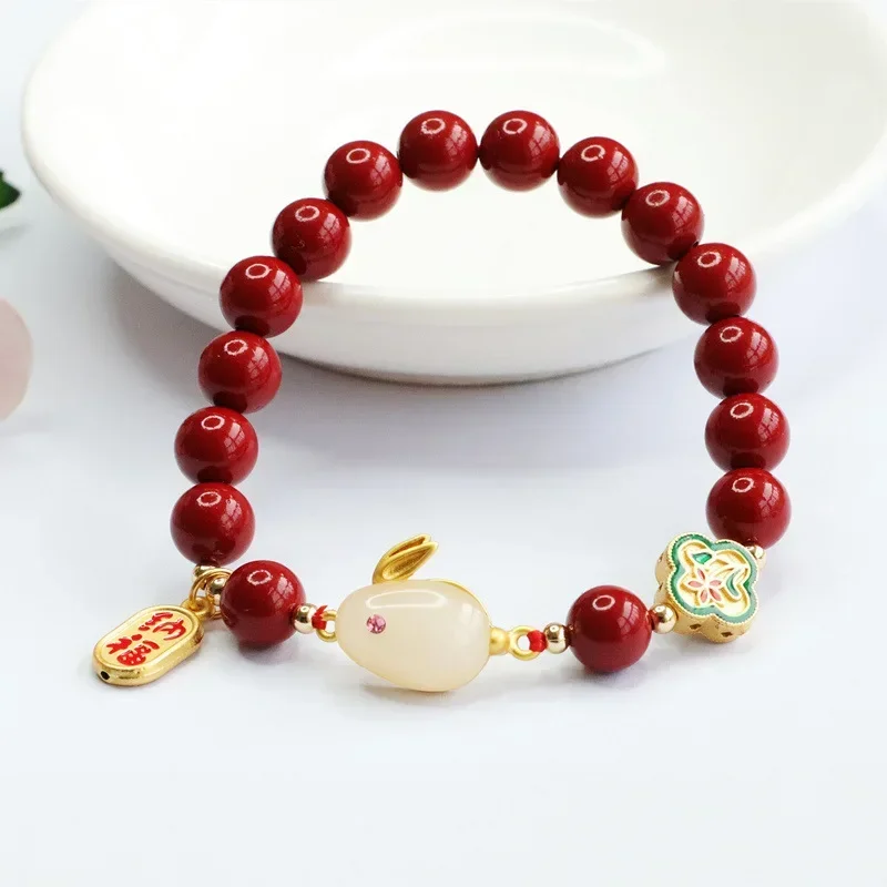 

Cinnabar Rabbit Bracelet Jewelry Bangle Hetian Jade Energy Carved 925 Silver Amulets Natural Bead Fashion Gemstone Gift