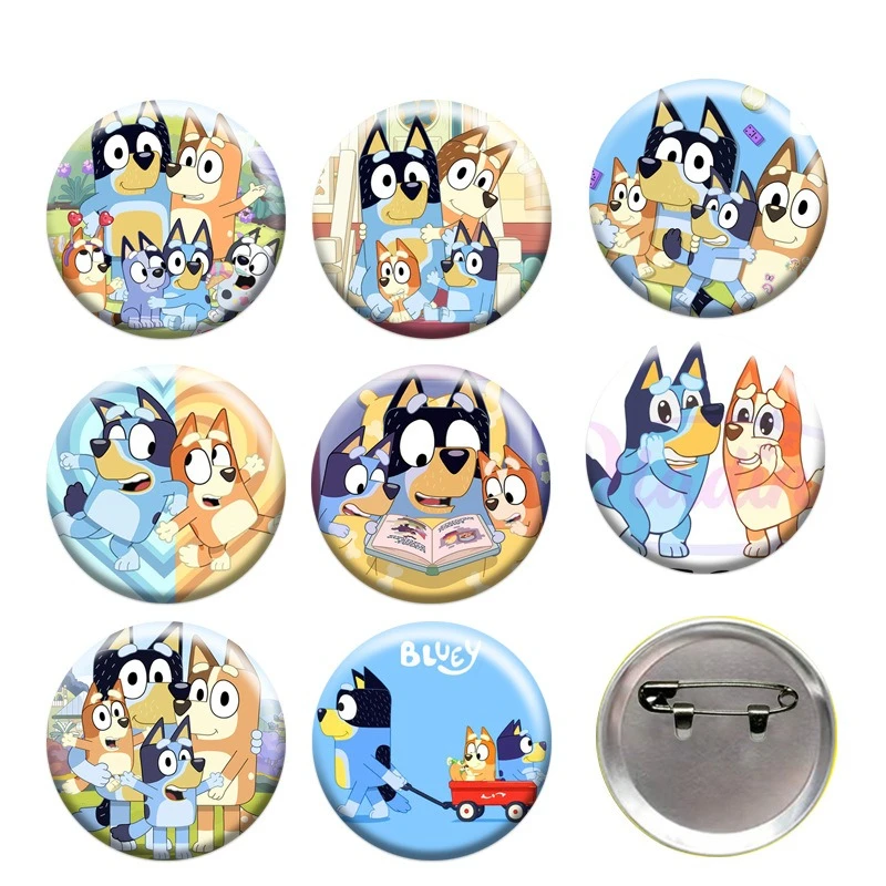 

Креативные круглые значки-броши 44 мм с изображением мультяшных героев Bluey, изысканные значки-пины для одежды, головных уборов, рюкзаков, подарочные аксессуары
