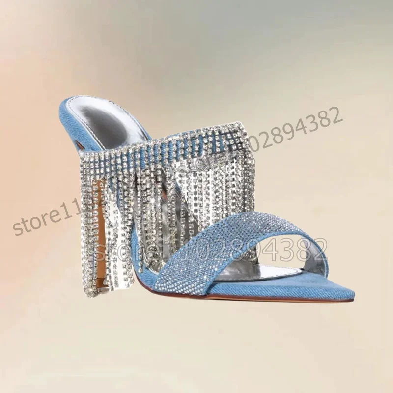 

Blue Denim Crystal Tassels Rhinestone Open Toe Slippers Slip On Women Shoes Thin High Heels New Fashion 2025 Zapatos Para Mujere