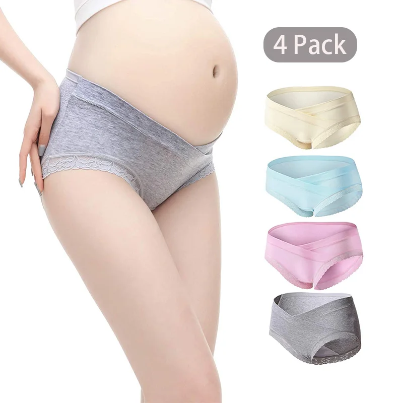 

4 PCS Cotton Maternity Panties Lace Low Waist Underwear Breathable Mother Under Bump Panties for Pregnant Pregnancy Clothes