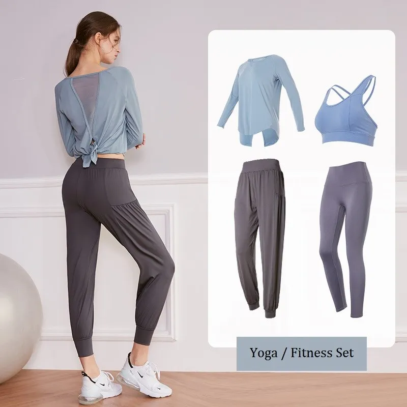 Yoga Set Women Gym Clothing Loose Running Sweatpants Back Tie Long Sleeved Shirts Seamless Fitness Leggings Workout Sport Suits