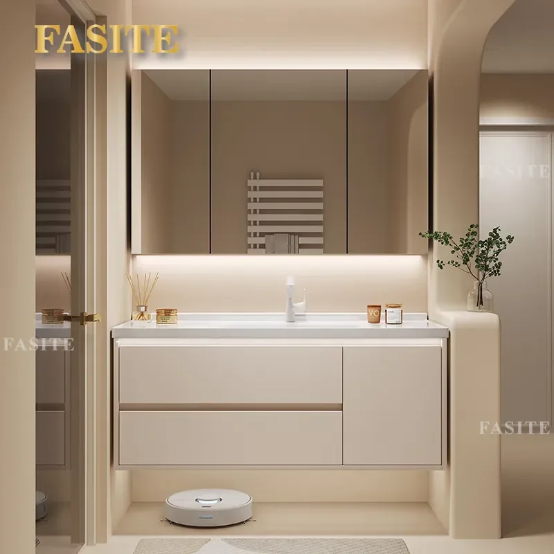 For Bathroom Wall Mounted Cream Style Ceramic Integrated Basin Vanity Cabinet with Toilet Storage Combo Modern Space Saving