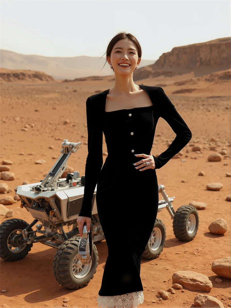 Vestidos femininos estilo coreano preto drapeado em camadas babados até o tornozelo tecido fairycore outono fantasia moda