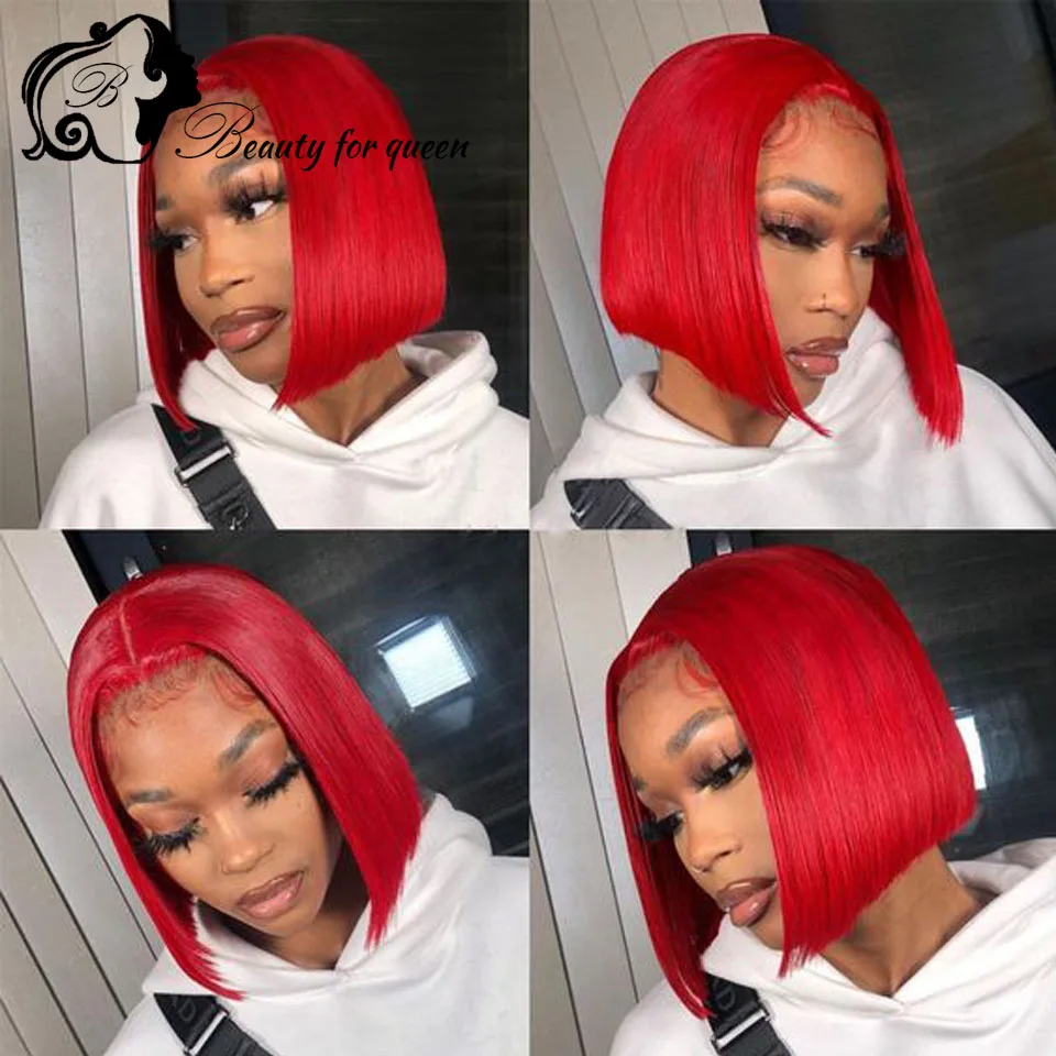 

HOT Sale Red Short Straight Bob 13x4 Transparent Lace Front Wig - 100% Human Hair 180 Density Wear And Go Brazilian Cosplay Role