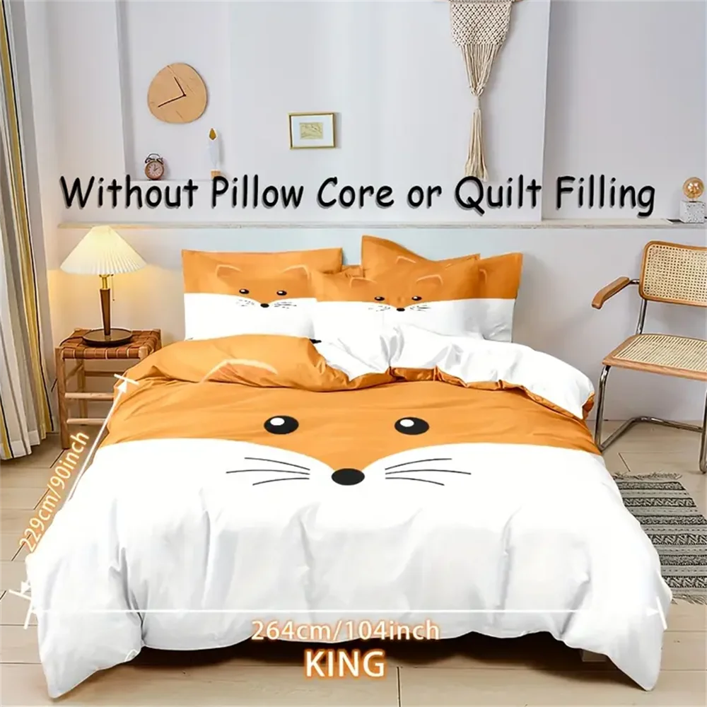 Cartoon Fox Print Duvet Cover Set - Soft And Breathable Polyester, Ultra-Soft And Comfortable 1*Duvet Cover + 2 Pillocase