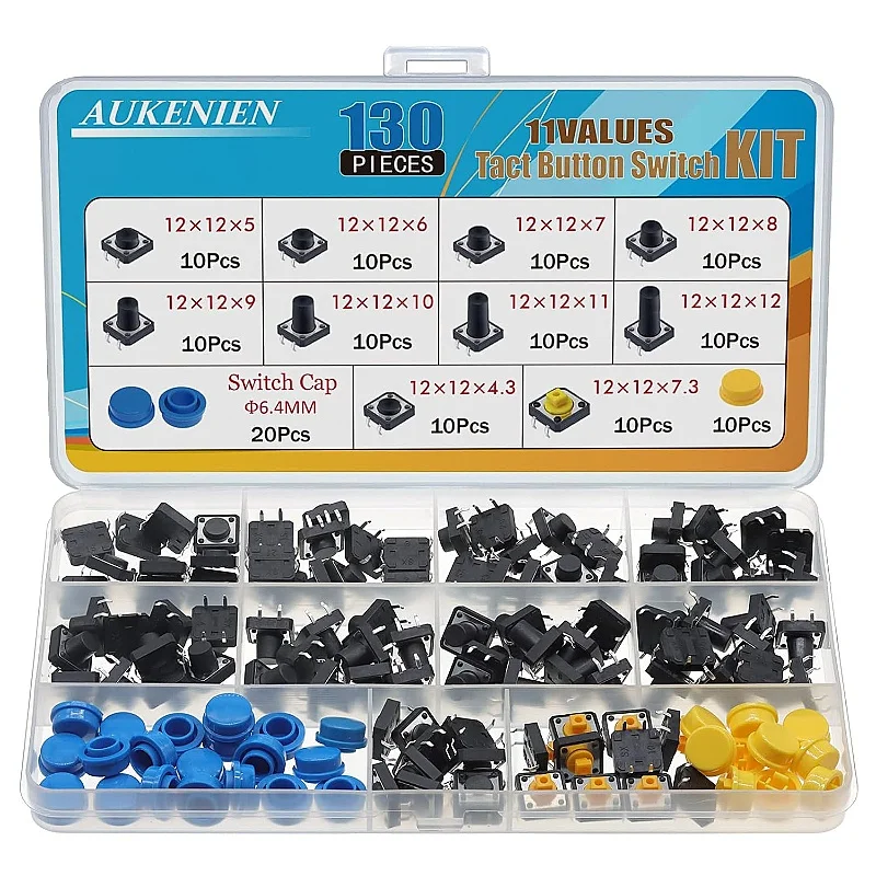 

12 Values Micro Buttons, 130PCS Micro Button, Tactile Push Button Switch, 12mm x 12mm, 4-Pin Tactile Push Switch Button Kit
