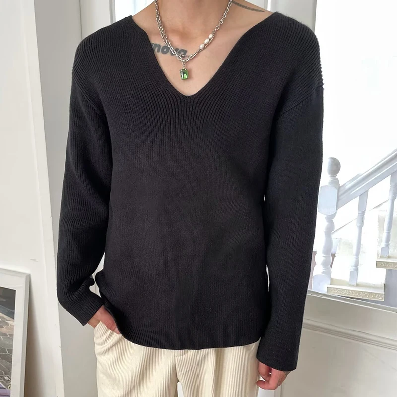 Vintage Textured Crochet Knit Tops Mens Spring Autumn Casual Solid Color V Neck Jumpers Men's Knitwear Fashion Long Sleeve Tees