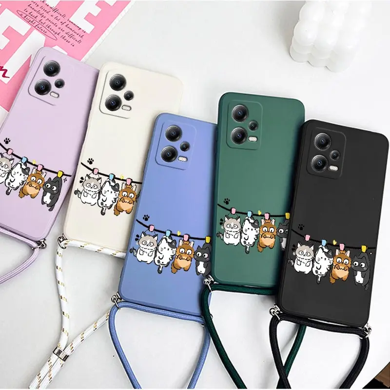 X5 Four Little Cat Lanyard Silicone Phone Case For Xiaomi Poco X5 X3 X3NFC X3GT X4GT M5 M3 C65 C31 X3Pro X4Pro C40 M4Pro Cover