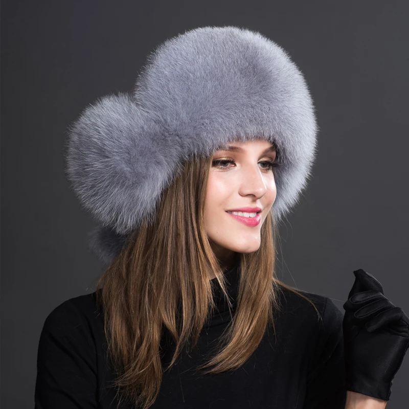 Natural Fox Fur Bomber Hats Winter Warm Women Flurfy Genuine Fox Fur Earfiap Caps Luxury Quality Russian Lady Real Fox Fur Hat