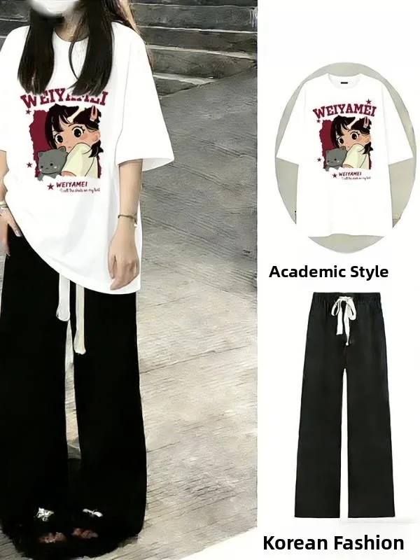 

plus Size Casual Outfit Women's Short Sleeve T-Shirt Wide Leg Pants Summer Two Piece Set Comfortable Loose Fit round Neck