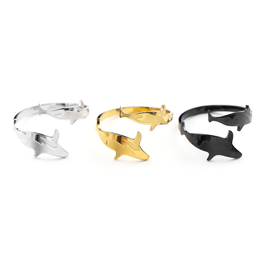 Double Shark Open Ring for Women Men Stainless Steel Animal Creative Great White Shark Black Silver Color Ring Ocean Jewelry
