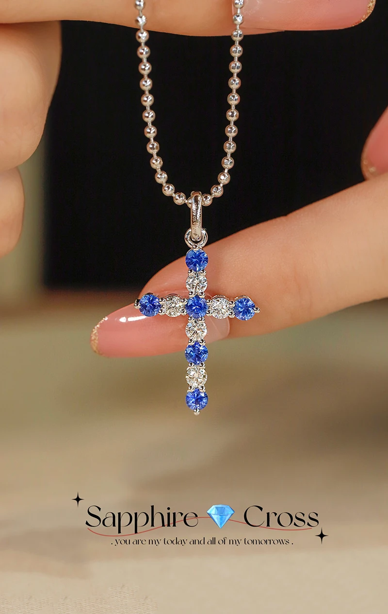 LUOWEND 18K White Gold Necklace Luxury Shiny Cross Pendant Natural Diamond Natural Sapphire Necklace for Women Party Jewelry