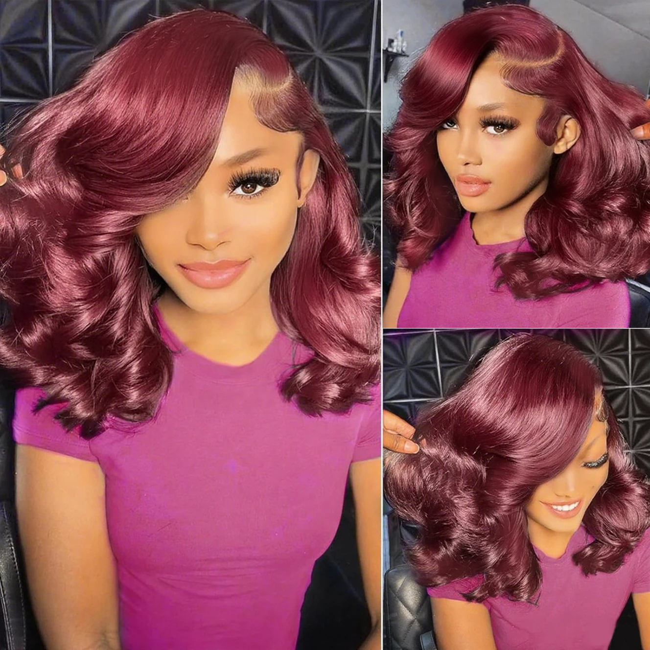 14 Inch Burgundy Bob Wig Human Hair 13x4 99j Burgundy Lace Front Wigs Human Hair Bob Wigs For Black Women 180% Density 99j 13x4 Hd Transparent Lace Front Body Wave Wigs Pre Plucked view 4